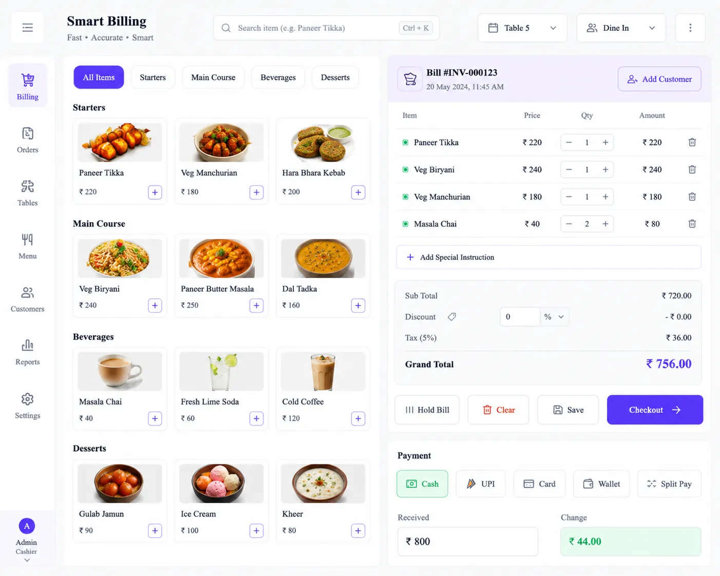 TufTable Smart Billing POS — GST-compliant restaurant billing software screenshot